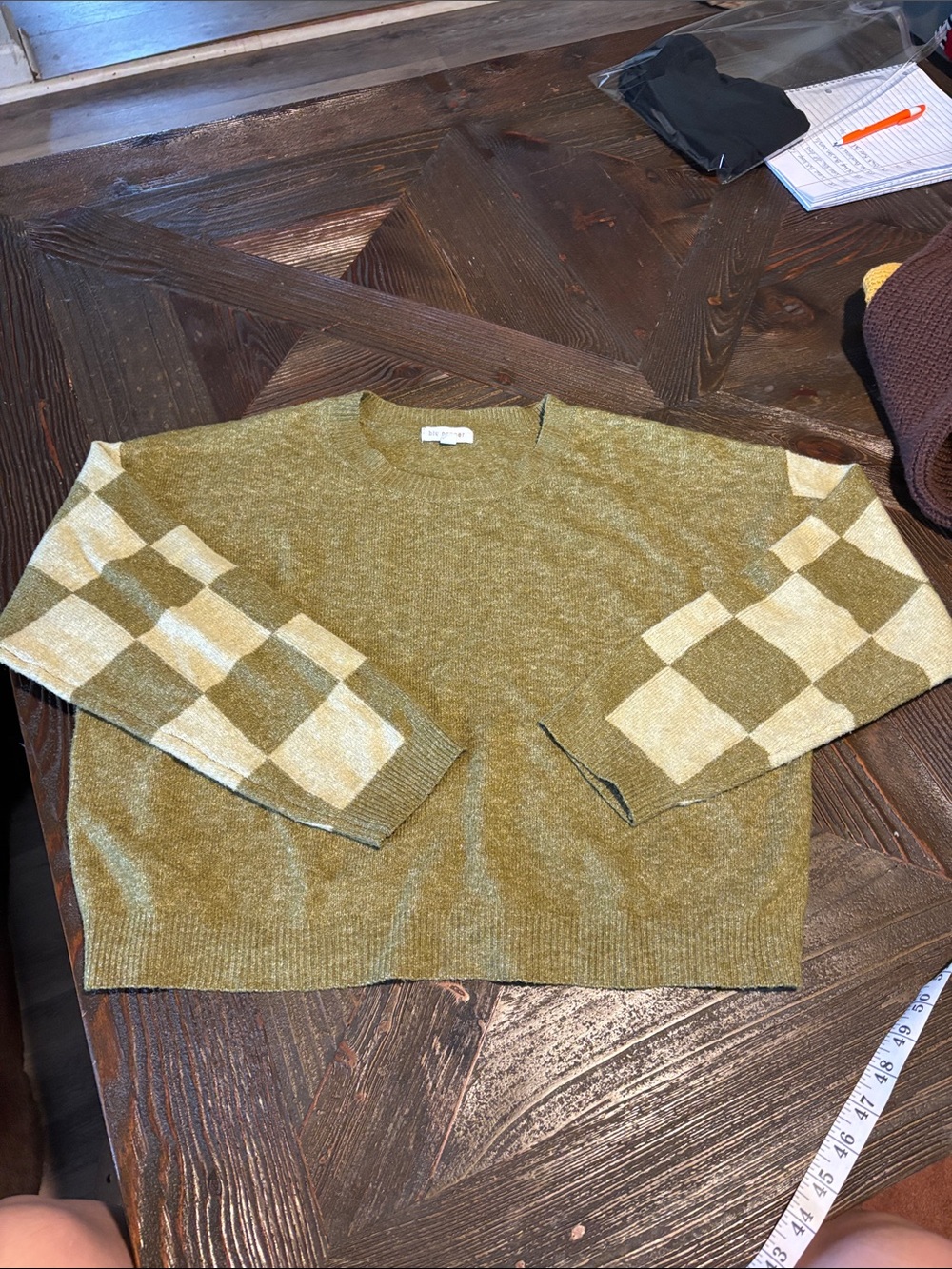 Blu Pepper Olive & Light Green Checker Sleeve Crewneck Sweater
